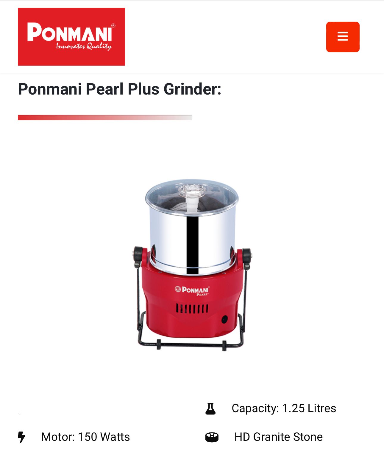 Ponmani Pearl Plus Wet Grinder - 1.25L, (110V)