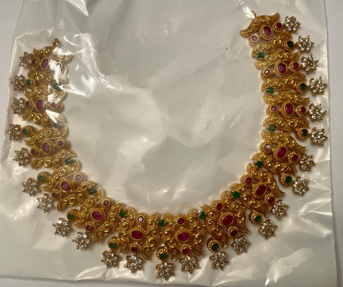 Choker necklace with American Diamond, Red Green Stones