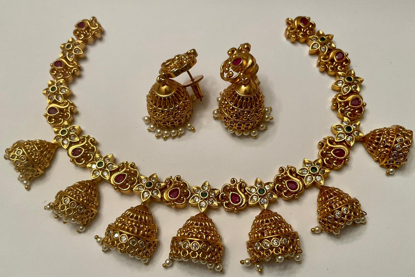 Jhumka with Red & White Stone Necklace Set